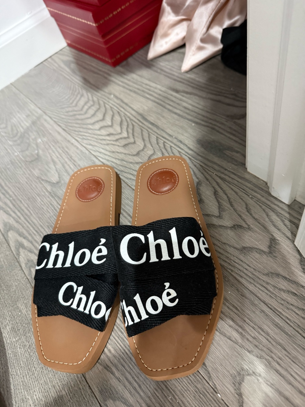 Chloé Black Logo Ribbon Slide Sandals with Tan Footbed - Picture 4 of 7